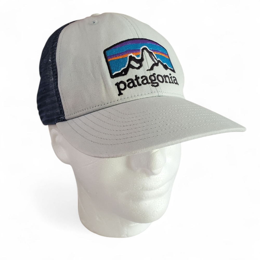 🔥PATAGONIA Fitz Roy Horizons Blue White Logo‎ Embroidered Snap Back Trucker Hat